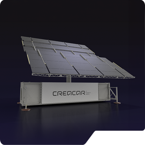 3D render of a 45ft container construction equiped with a foldable solar panel screen