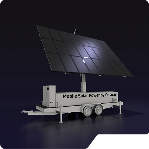 3D render of a trailer construction equiped with a foldable solar panel screen