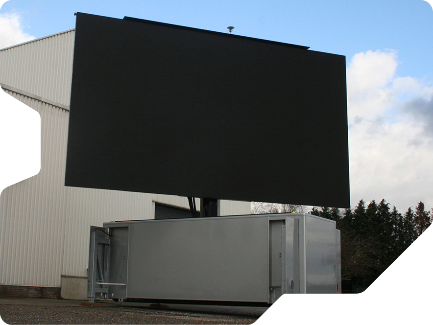 Mobile LED screen container with the screen unfolded, ready for operation