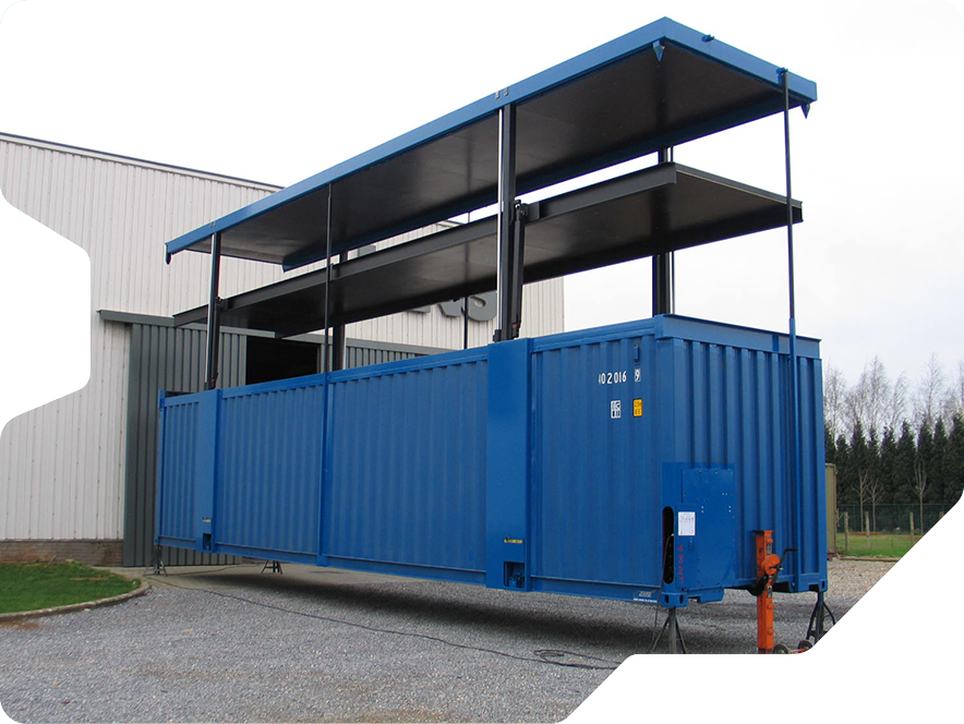 Foam press container in open position, open before adding and compressing the foam blocks | blue container