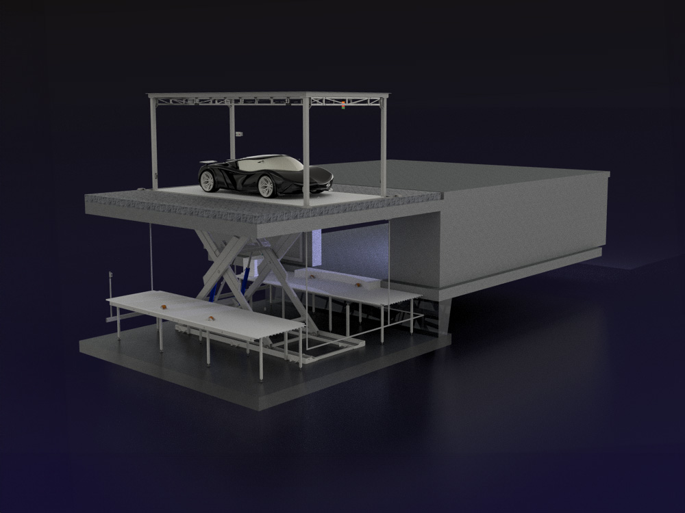 3d render of a custom car lift with a 90°rotating platform
