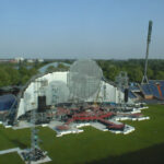 a custom stage led screen construction resembling a big satellite dish